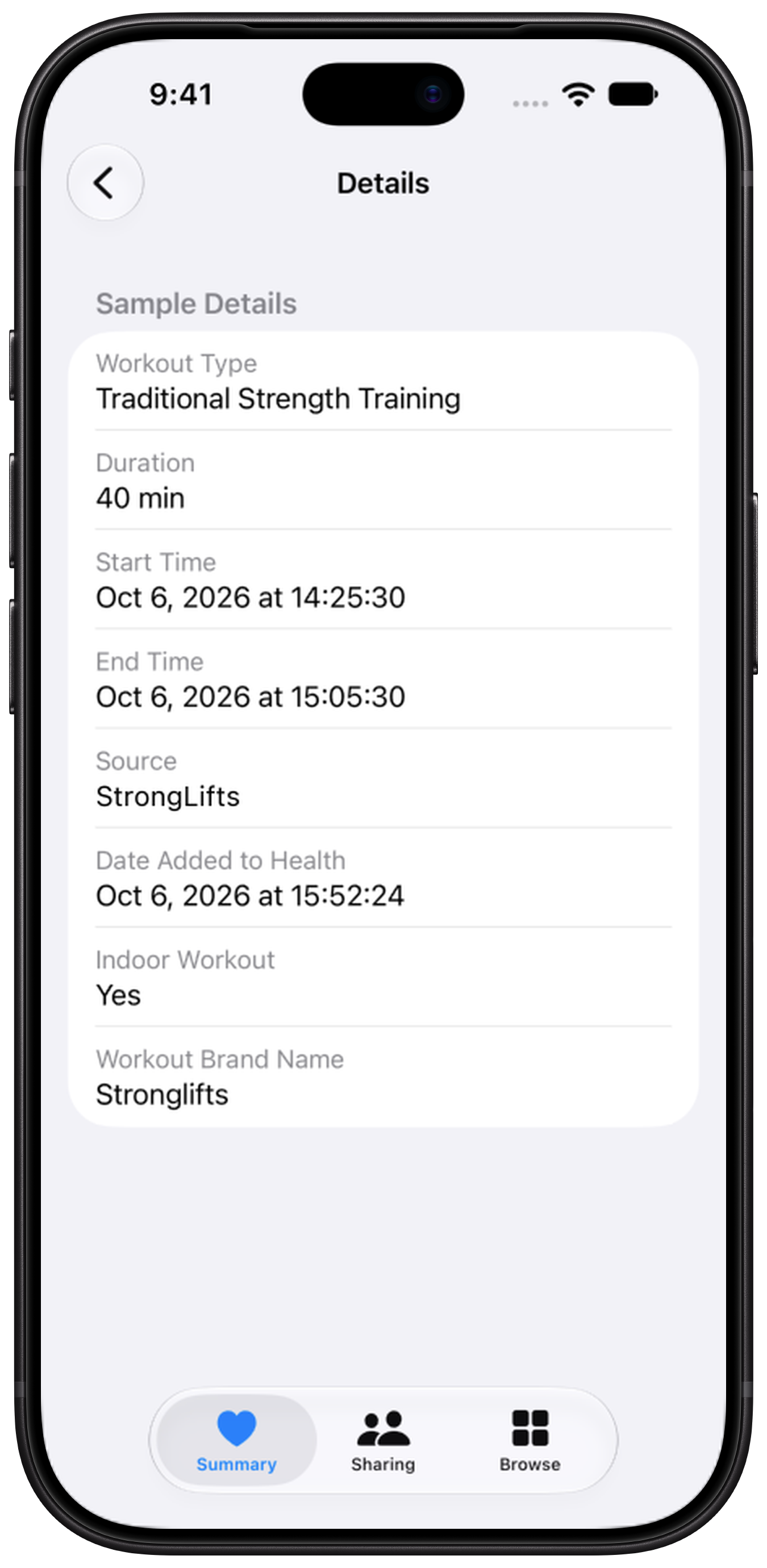 StrongLifts workout details in Apple Health