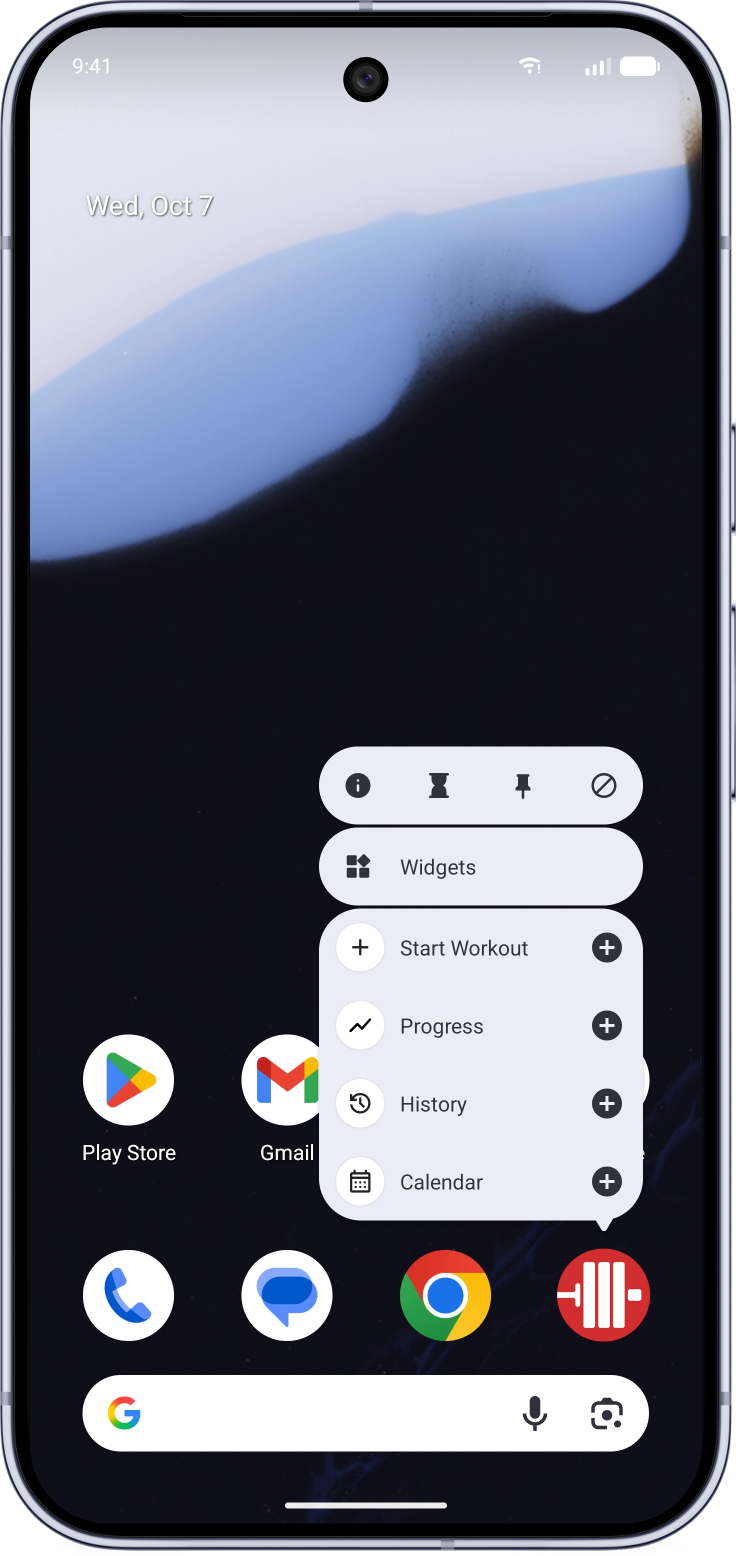 StrongLifts app shortcuts on an Android home screen