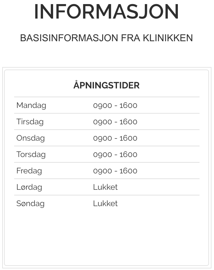 Åpningstidene som ses fra nettsiden
