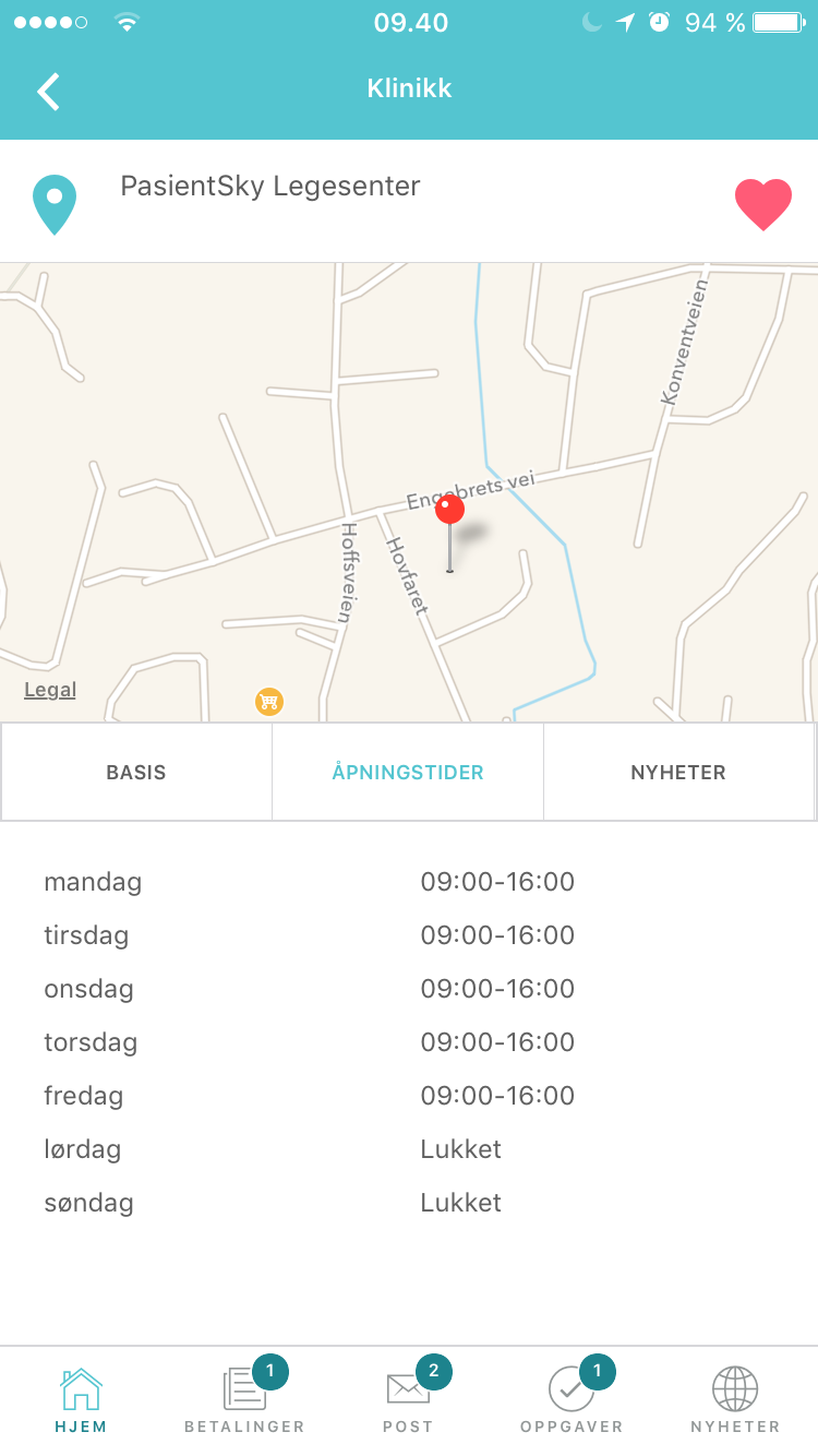 Åpningstidene ses fra iOS appen
