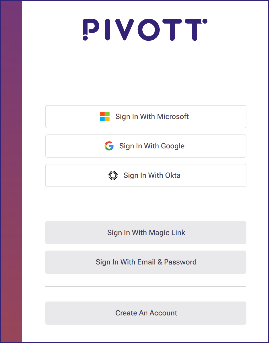 Picture of the Pivott login page