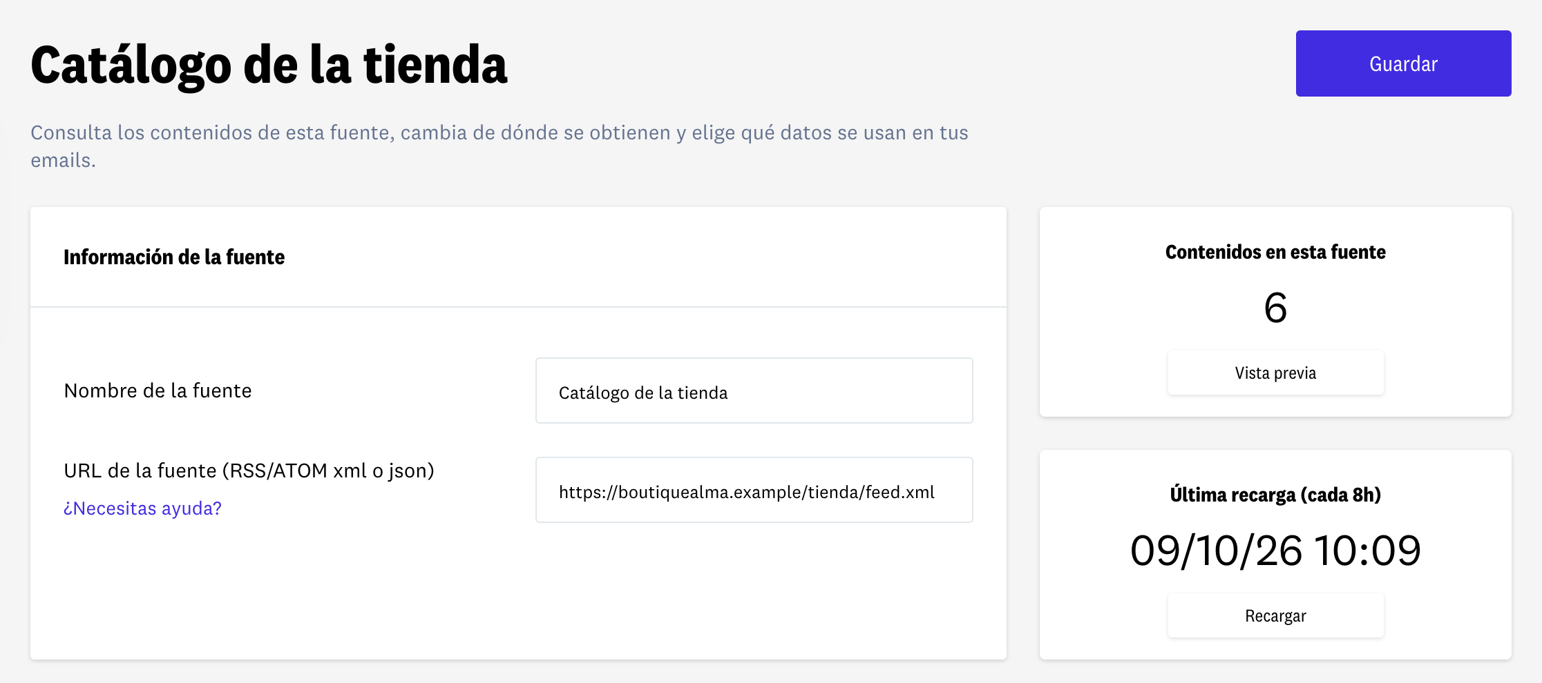 Vista de edición de una fuente de contenido