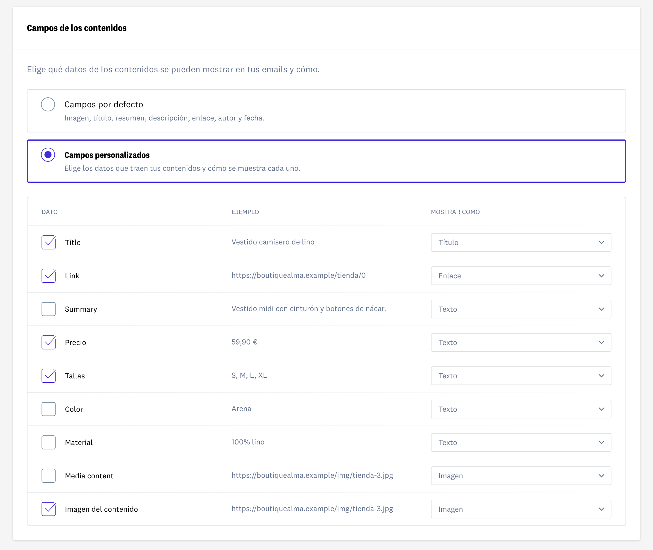 Campos de los contenidos con campos personalizados