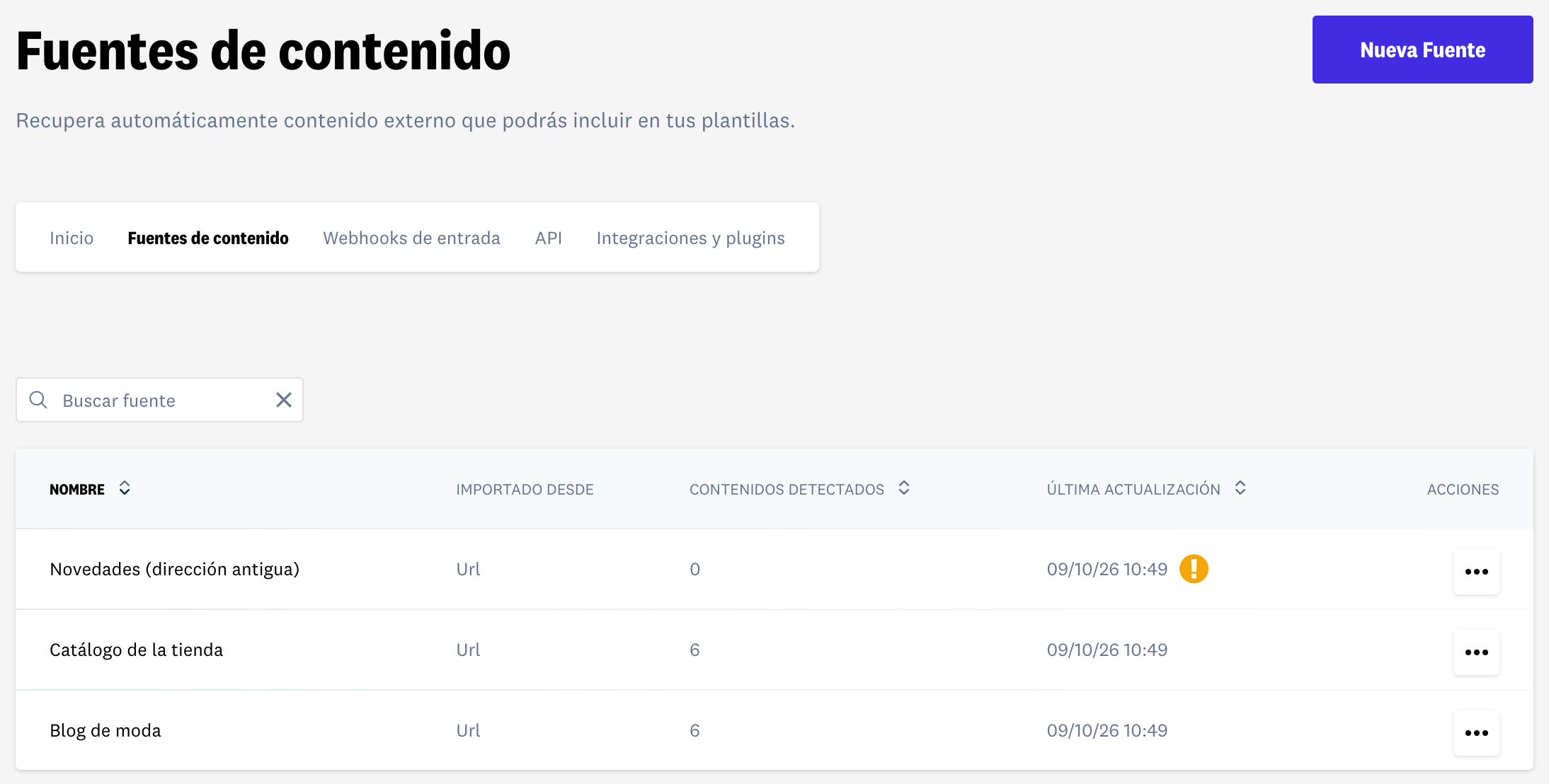 Listado de fuentes de contenido
