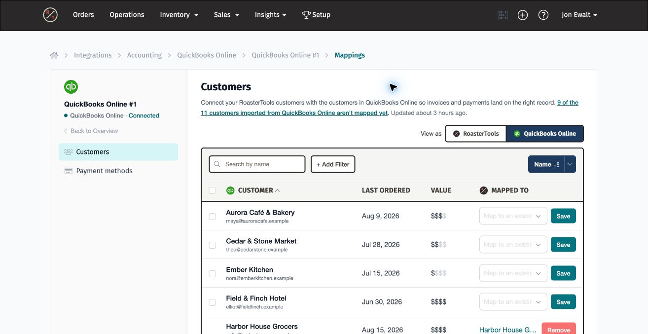 Accounting customer mappings viewed from the accounting-platform side in RoasterTools
