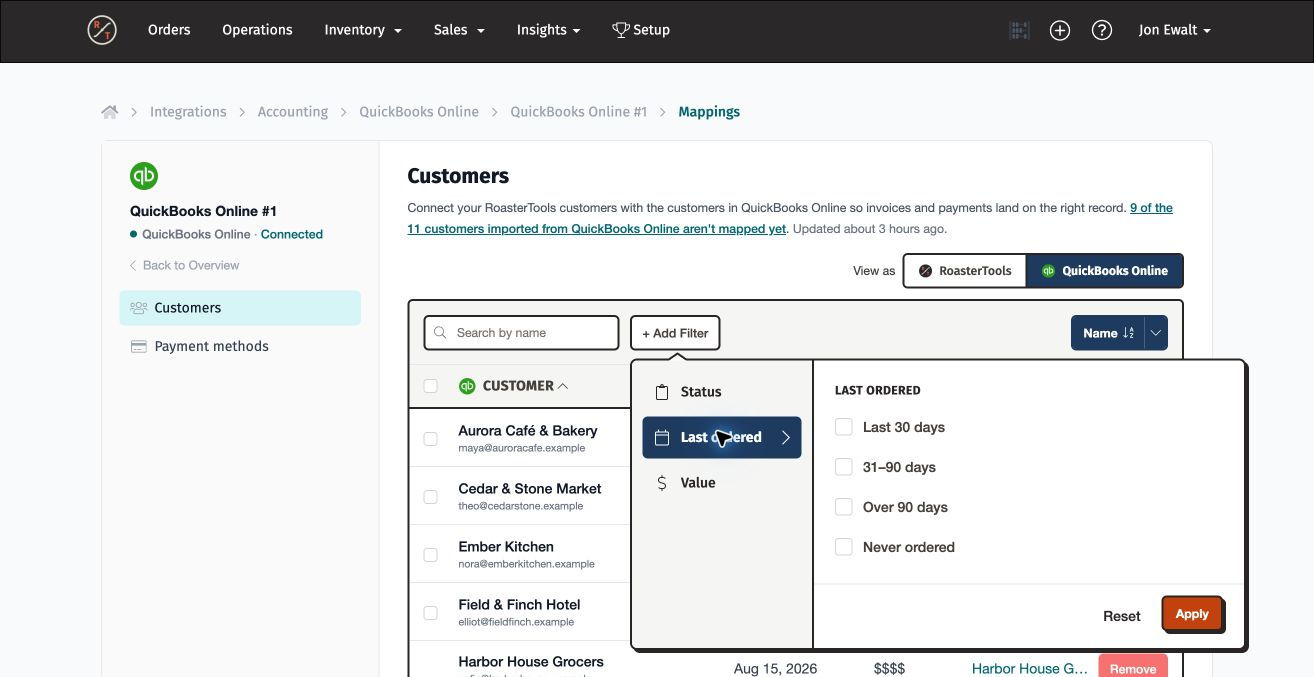 Accounting customer filters with the Last ordered options open