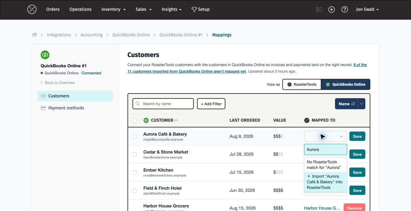 Search results offering to import an accounting customer into RoasterTools