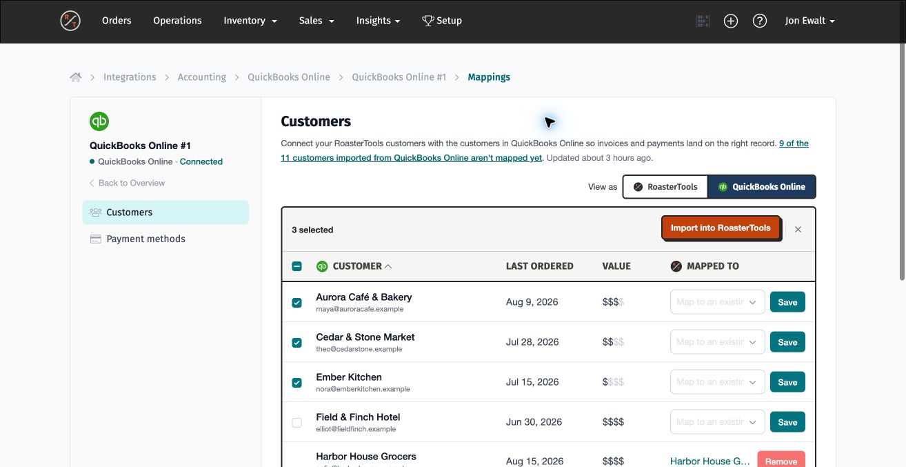 Three accounting customers selected for bulk import into RoasterTools