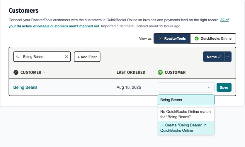 Customer mapping workspace showing View as, a RoasterTools customer, the option to create it in QuickBooks Online, and Save