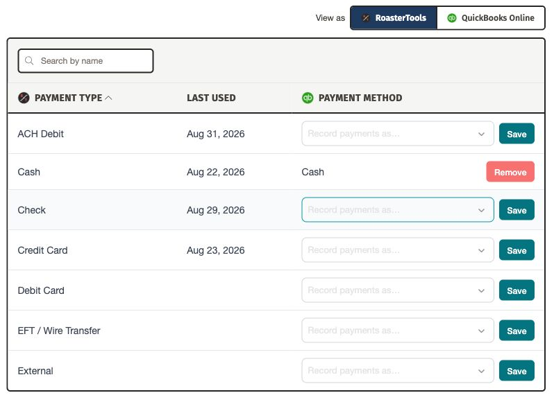 Payment method mapping workspace showing RoasterTools payment types, accounting payment method menus, and Save buttons