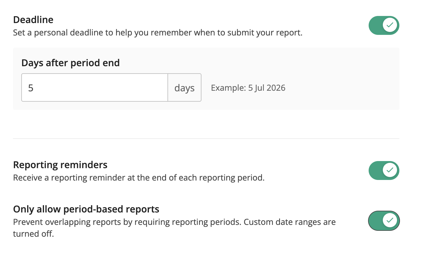 Web view of Reporting period options you can set as an individual