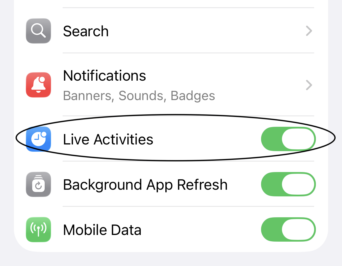Live activities on or off option