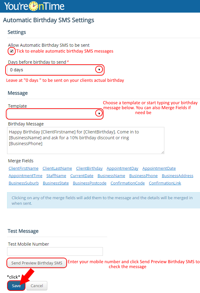 Send automatic Birthday SMS messages You'reOnTime Help
