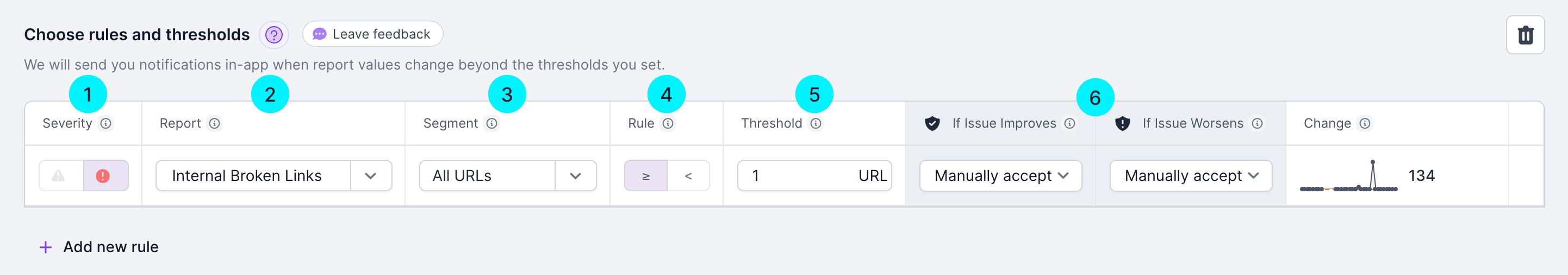 Screenshot of Lumar Monitor showing the rules and thresholds options in alert setup, with the options highlighted as outlined below.