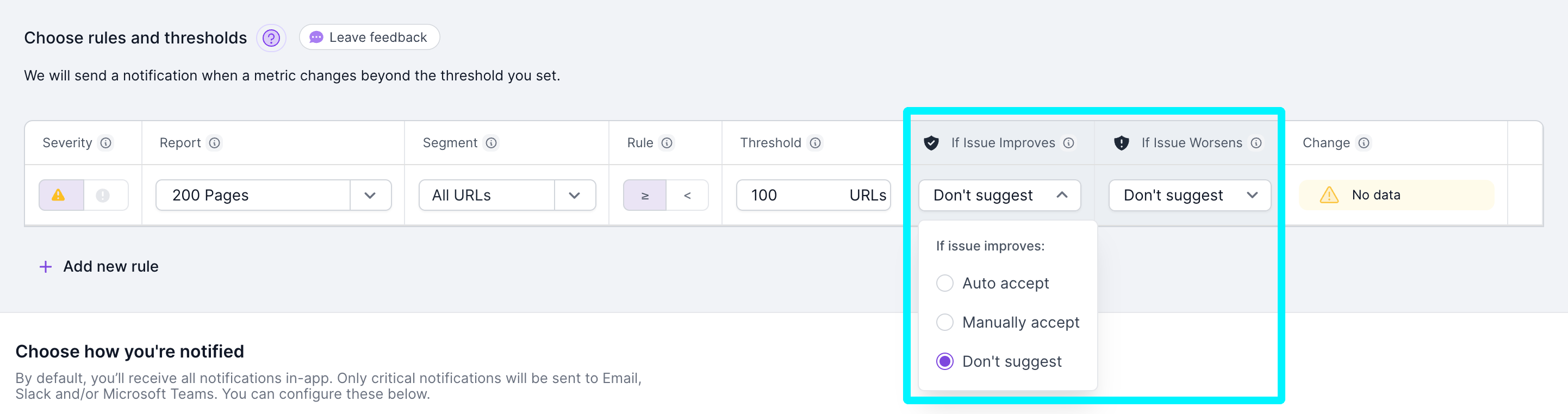 Screenshot of the Lumar Monitor alert setup, showing the options to not accept suggested thresholds, manually accept them, or automatically accept the suggestions.