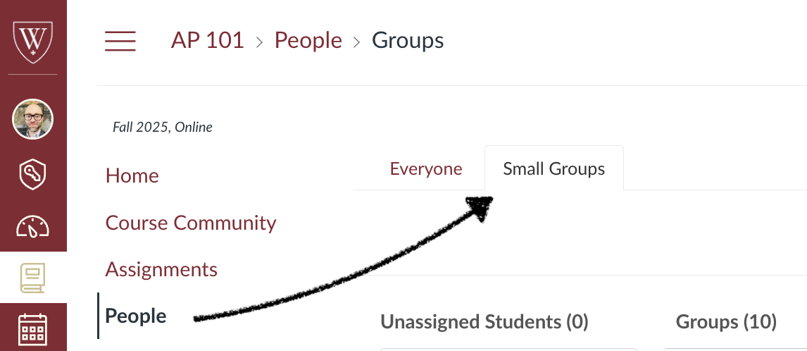 A screenshot of AP 101 in Canvas shows the People tab, which opens a panel that displays students grouped in Small Groups.