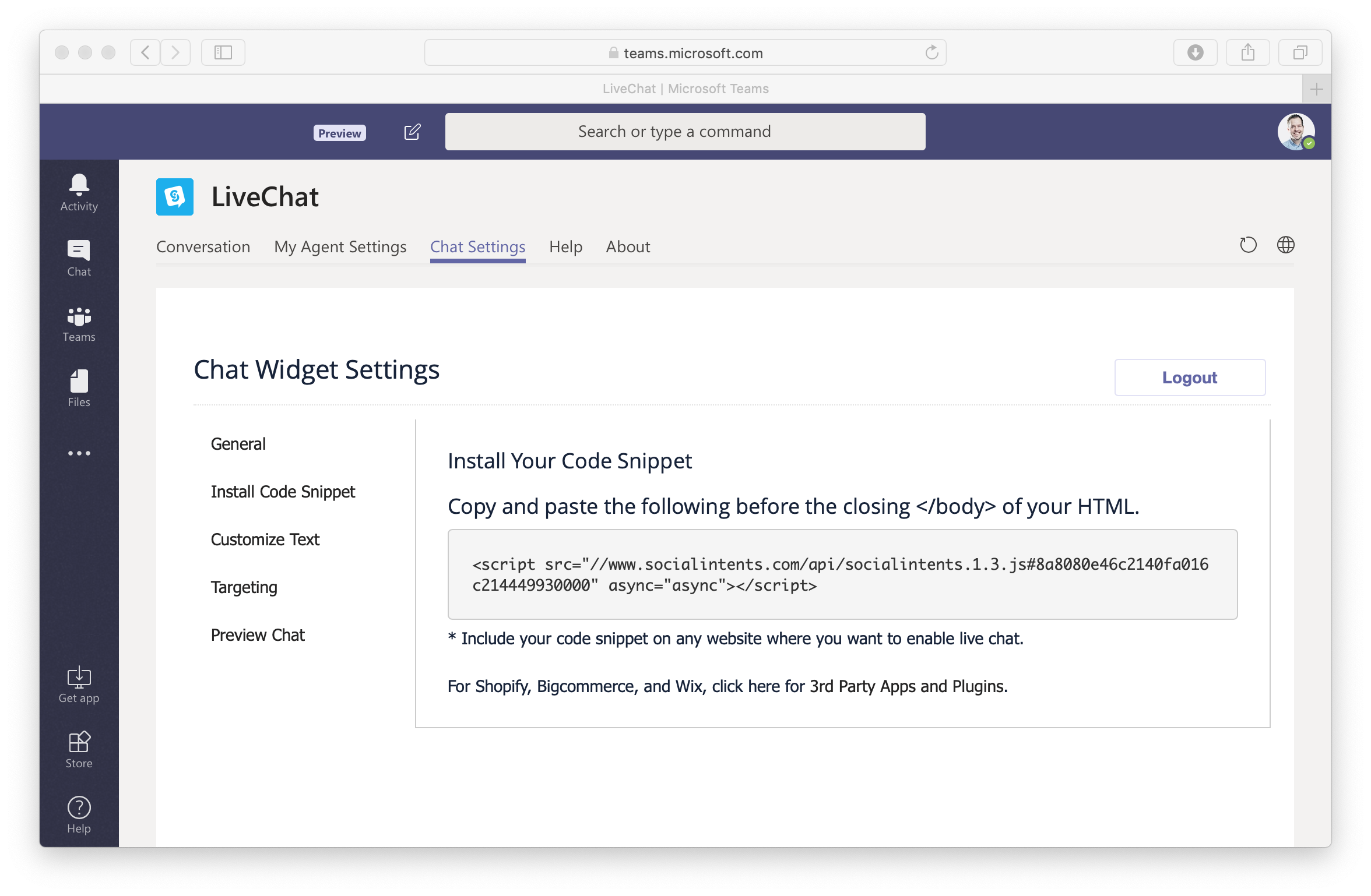 Live Chat for Microsoft Teams Code Snippet