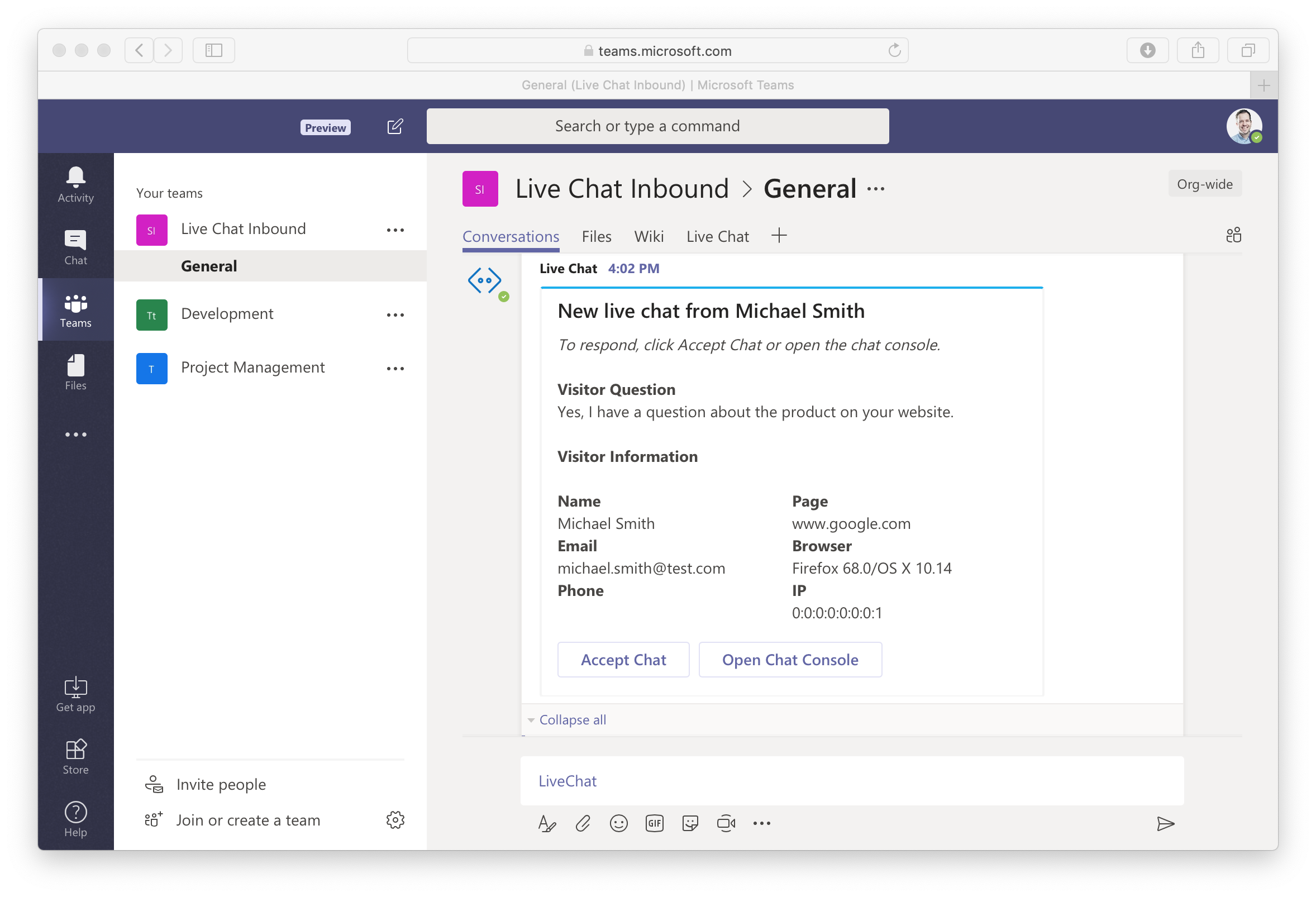 Microsoft Teams Live Chat