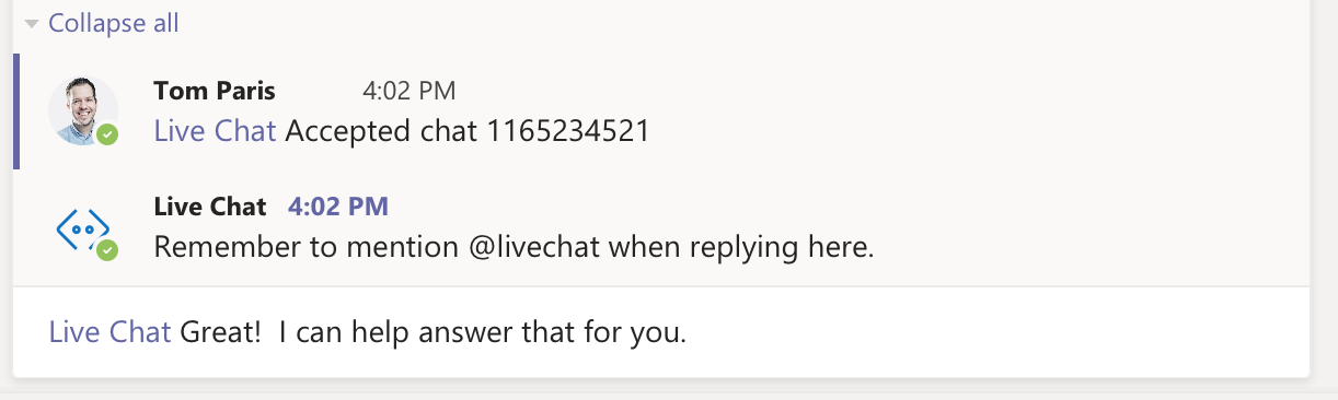 Mention Live Chat in your Teams Reply