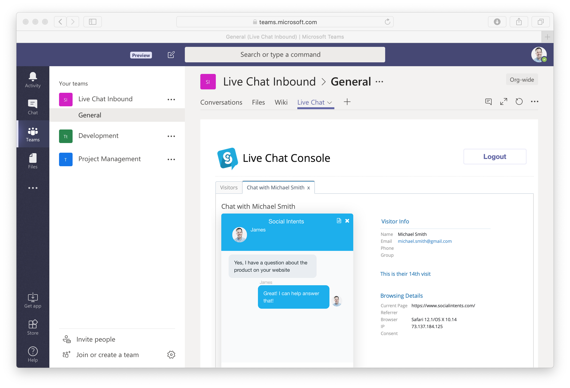 Microsoft Teams Live Chat Console