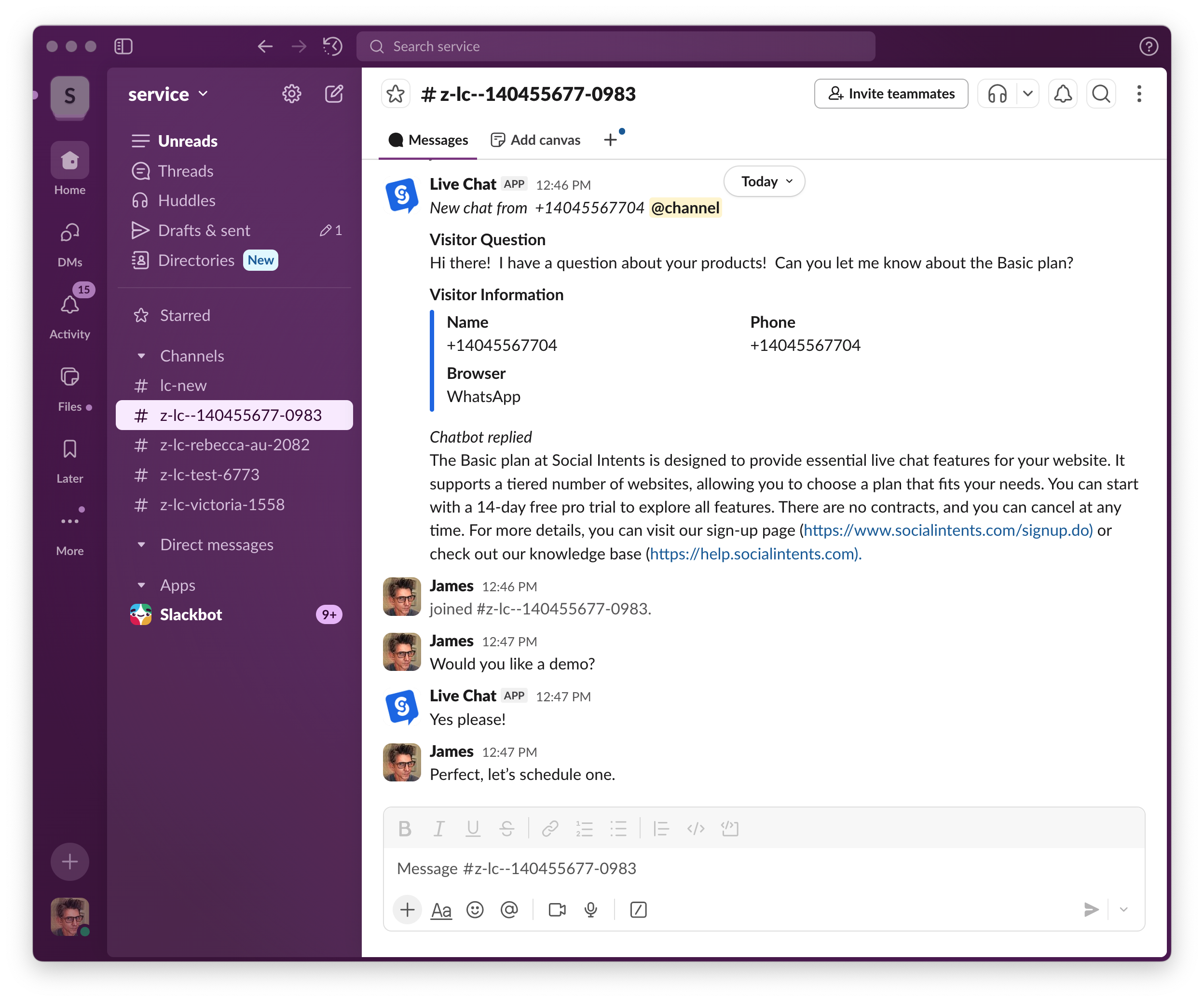 Reply to WhatsApp from Slack Example