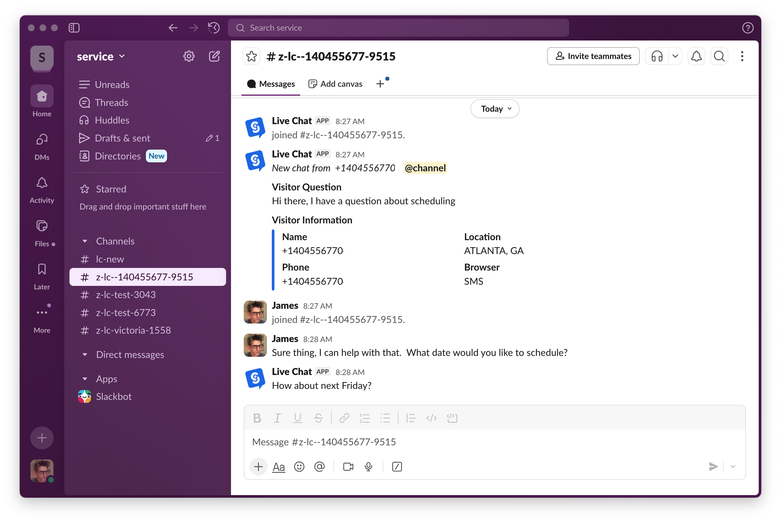 SMS to Slack Message