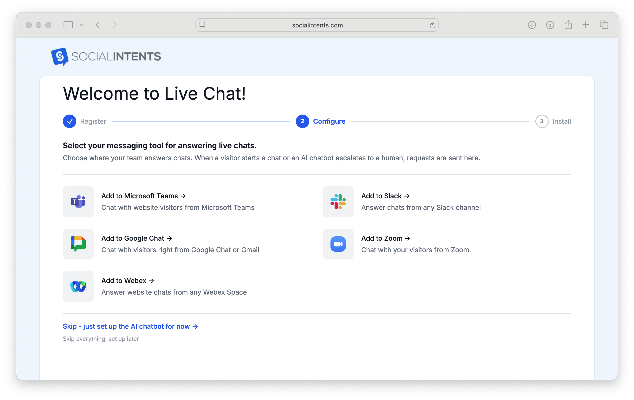 Signup Slack Live Chat Integration