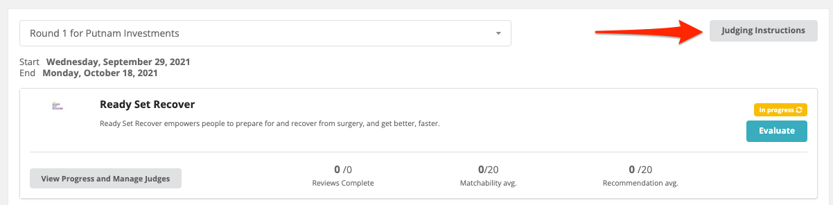 A red arrow points to the right upper portion of the screen, indicating the grey "Judging Instructions" button where Champion Administrators can edit their judge instructions for the judging round.