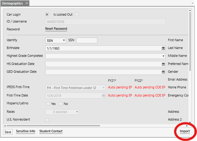 screenshot of the Demographics form, highlighting the location of the