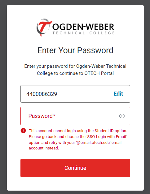 screenshot of portal student login showing new error message