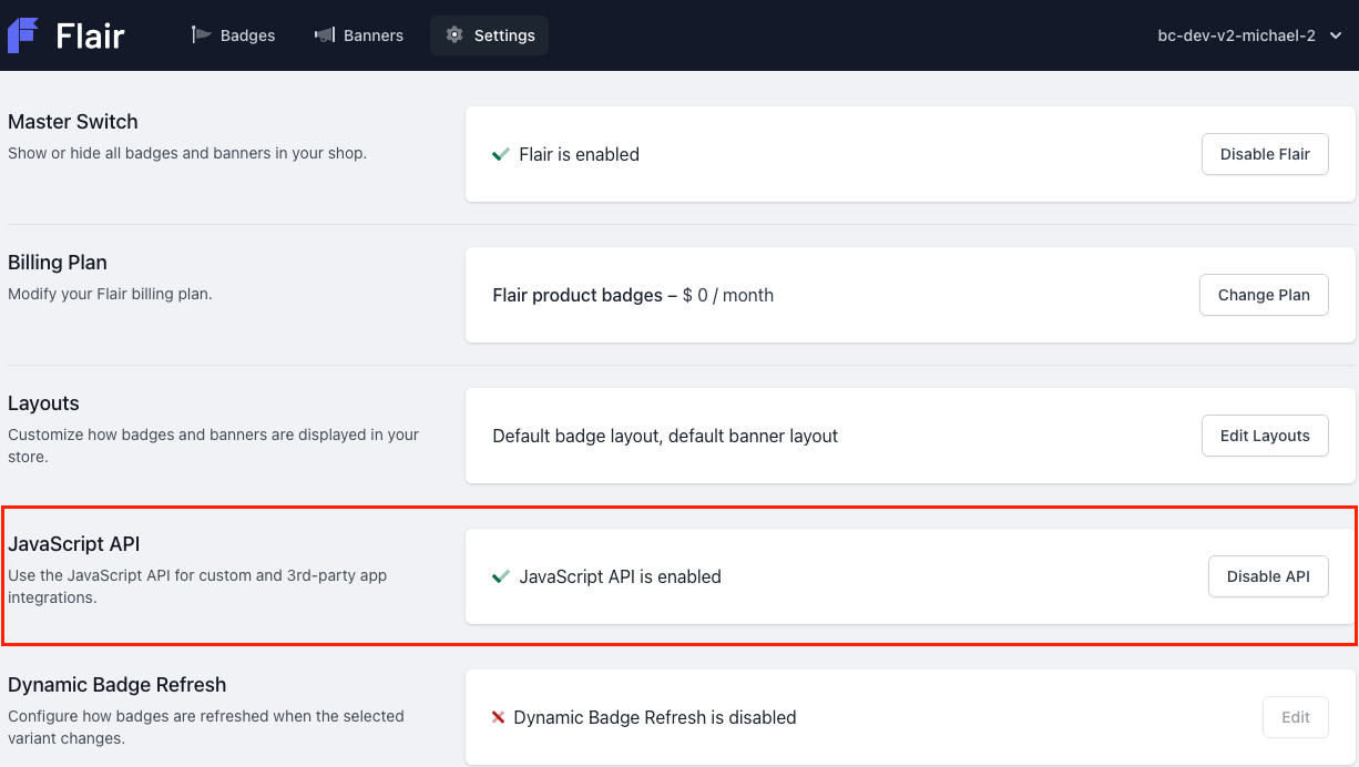 Flair settings Javascript API