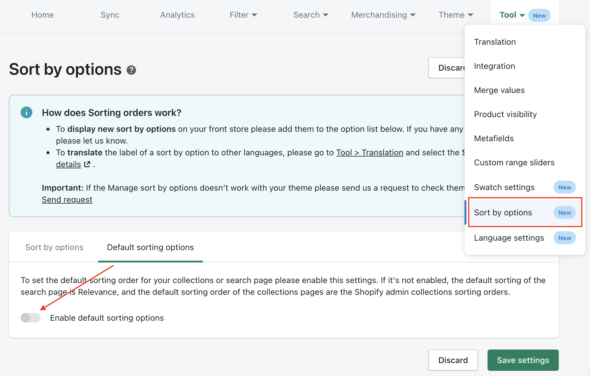 enable default sorting options settings