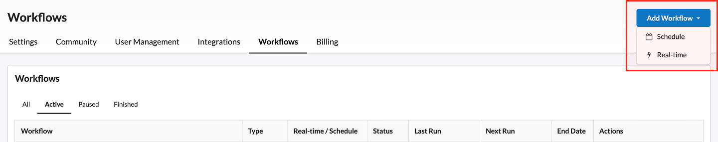 Screenshot of the Workflows list page (Settings → Workflows), showing the