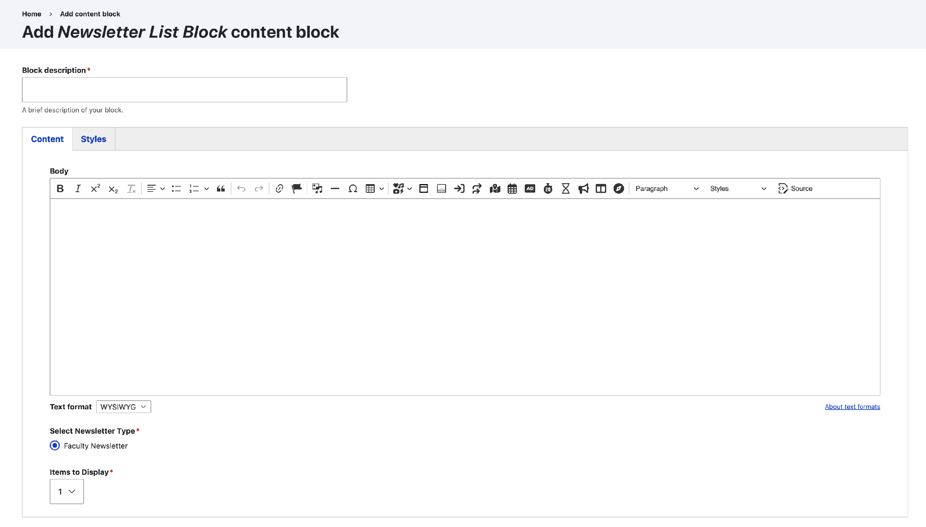 Screenshot of the Newsletter List Block form
