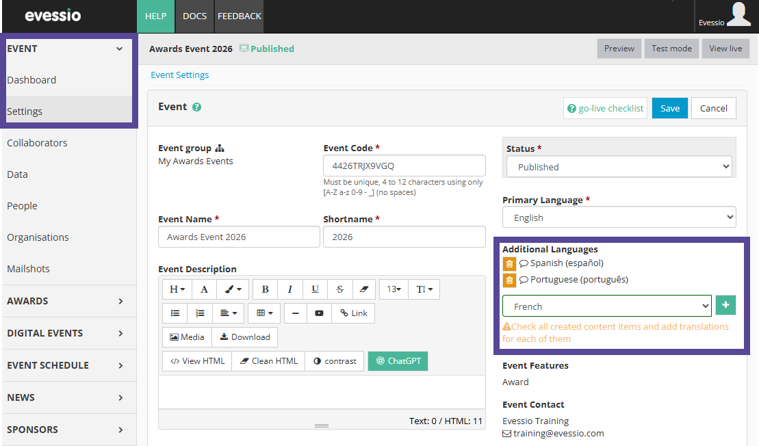 Image depicting location of Additional Languages option that appears after clicking Edit