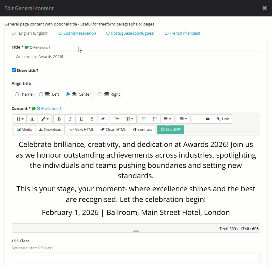 Gif showing the different language tabs in a sample content type.