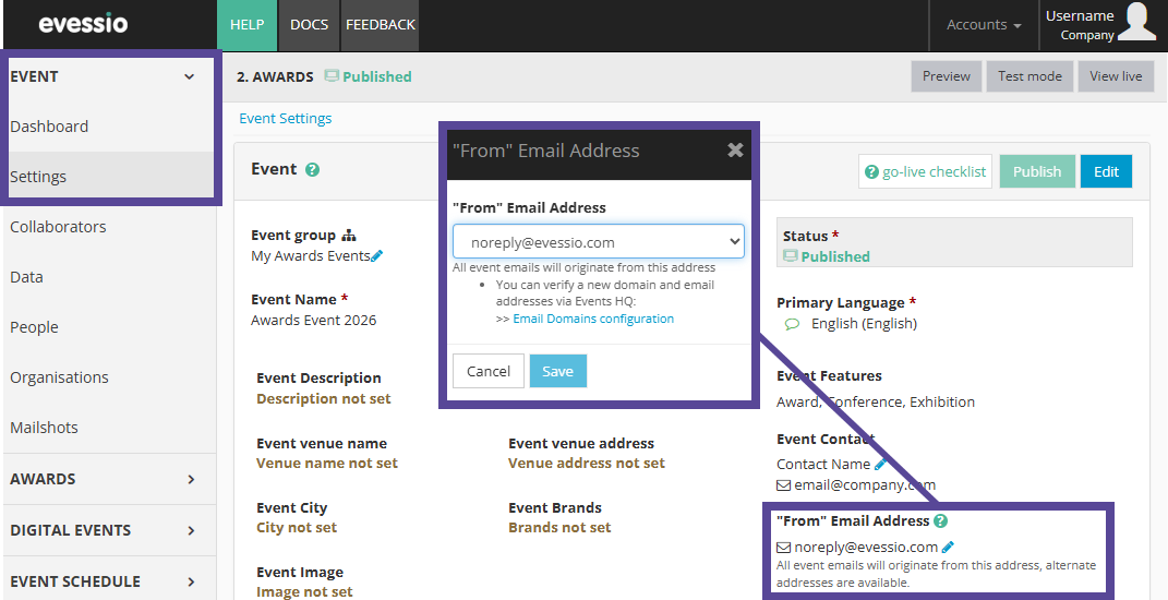 Image depicting location of 'From' email address setting in Event Settings