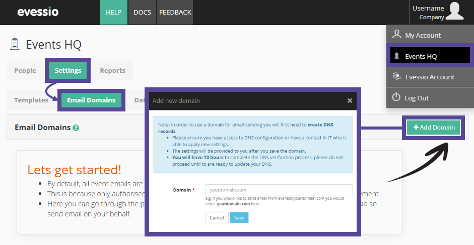 Image showing user journey Events HQ - Settings - Email Domains