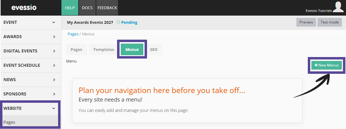 Image showing location of where to add a new menu