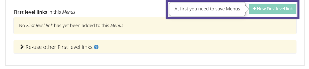 Image showing error attempting to add a first level link when you haven't saved the menu