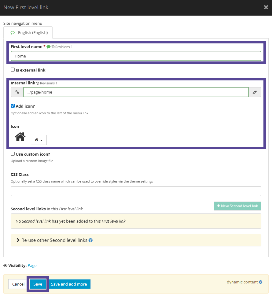 Image showing window to create first level link