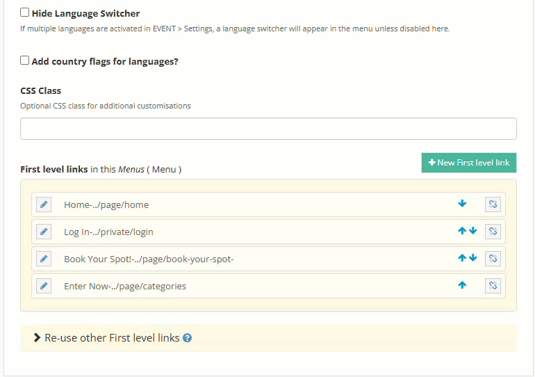 GIF showing ability to drag and drop menu links, and to link menu items from the re-use section
