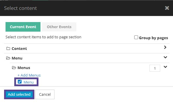 Image showing location of menu in window when adding content to a page.