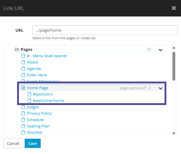 Image showing option to link to page sections after naming layouts to link to