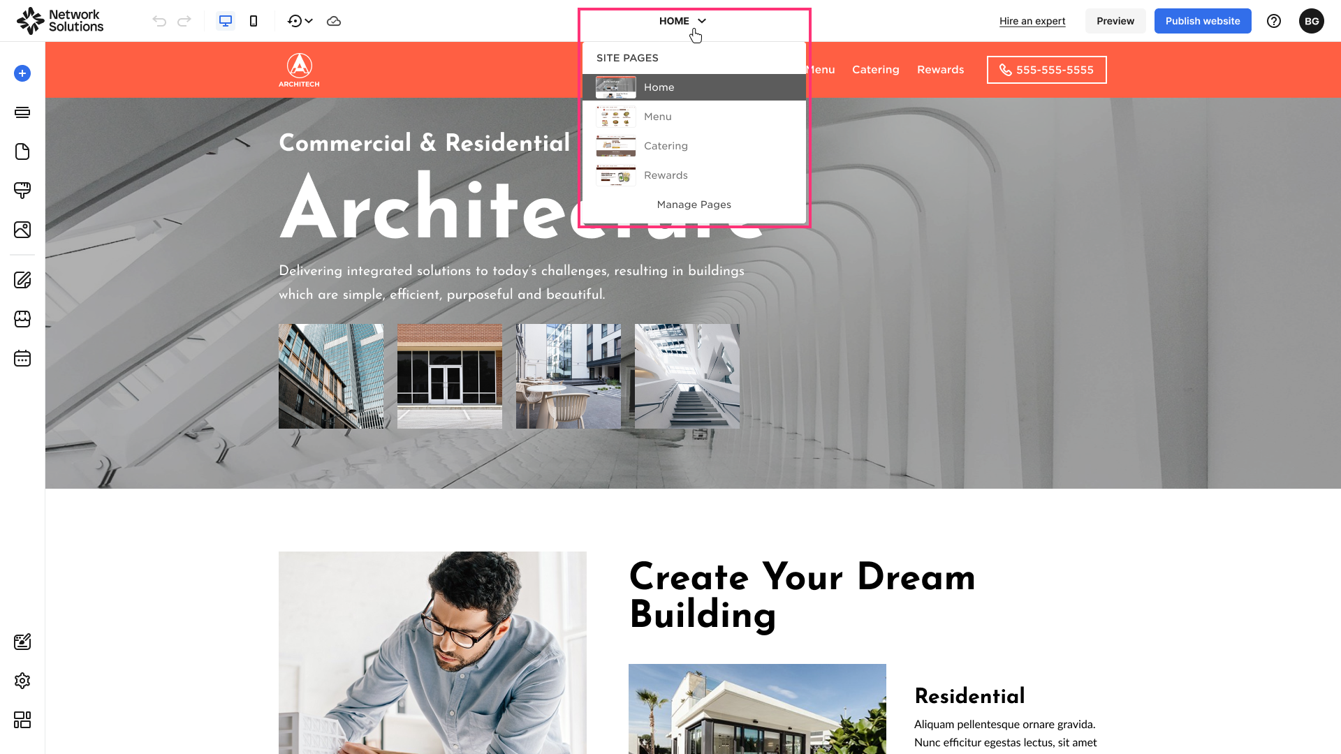 The Pages dropdown in the center of the top navigation bar shows your current page name and a list of other pages.