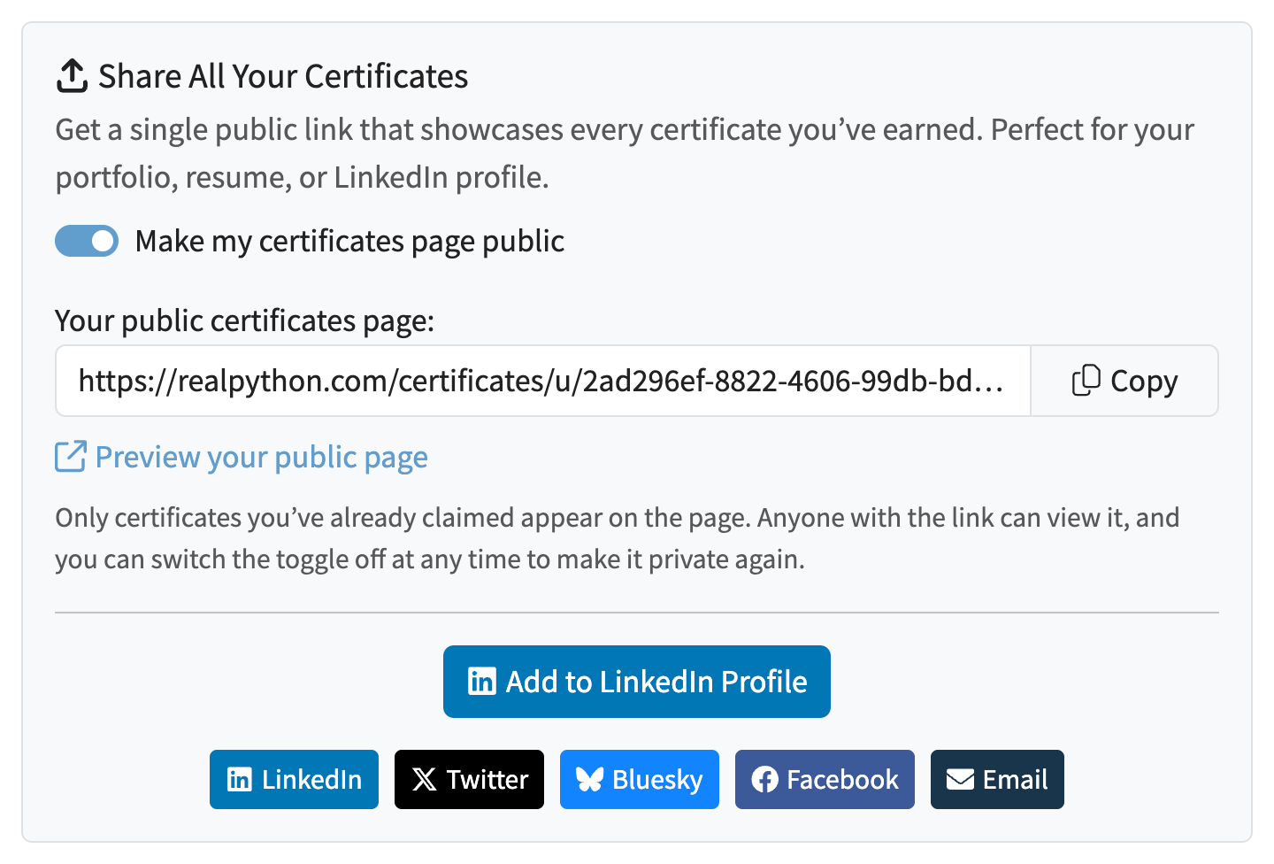 The public certificates page link with Copy button, preview link, Add to LinkedIn Profile button, and social sharing buttons