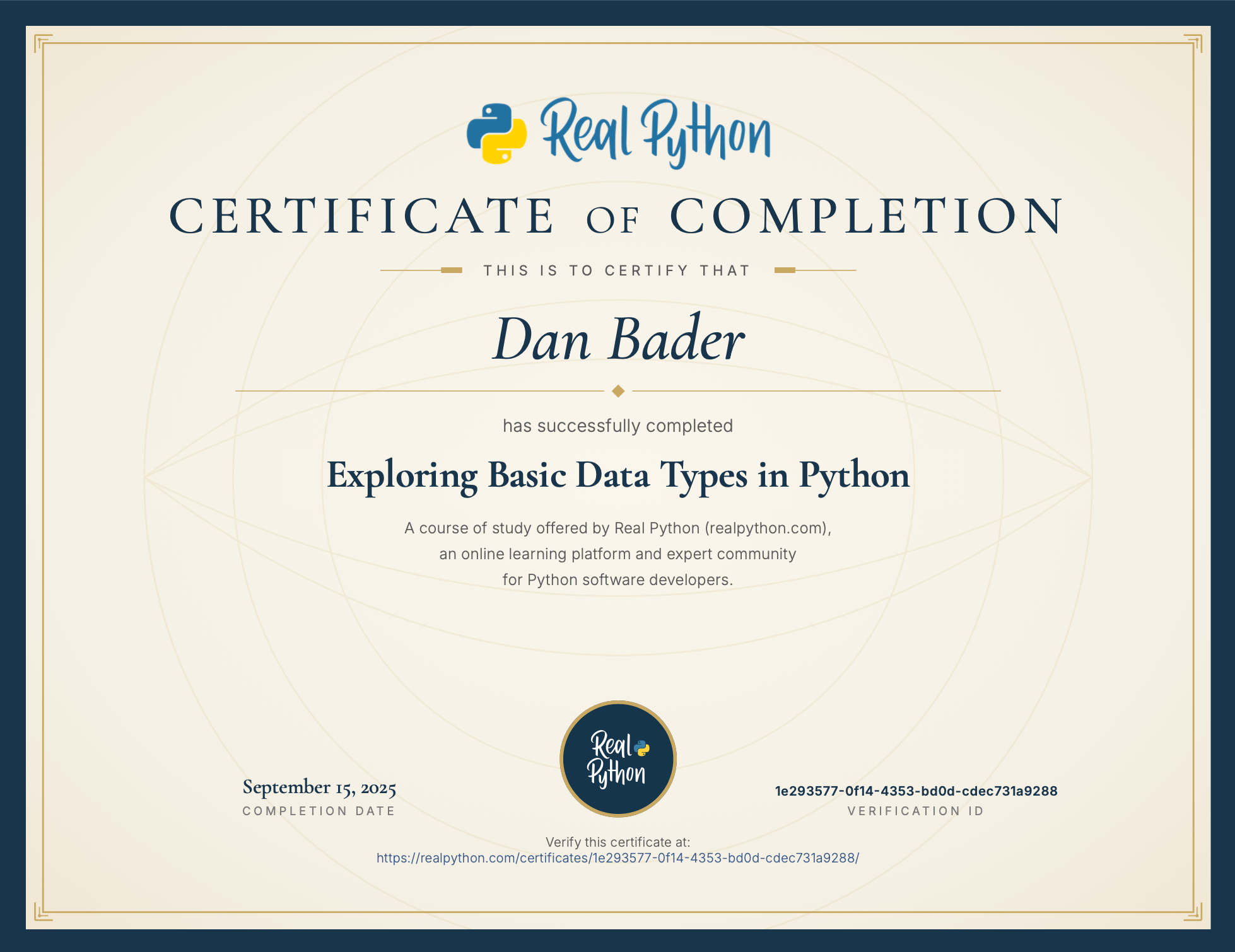 A Real Python Certificate of Completion PDF