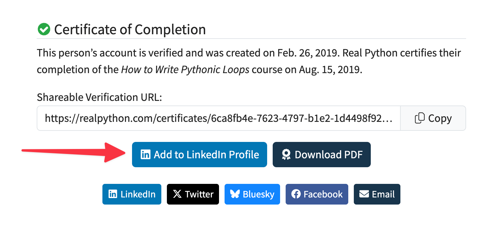 The Add to LinkedIn Profile button on the certificate page