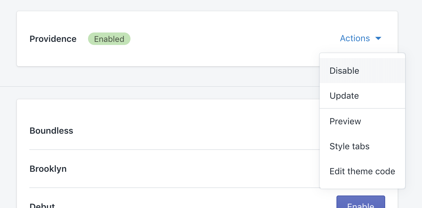 Click 'Actions' > 'Disable' to remove Tabs from a theme