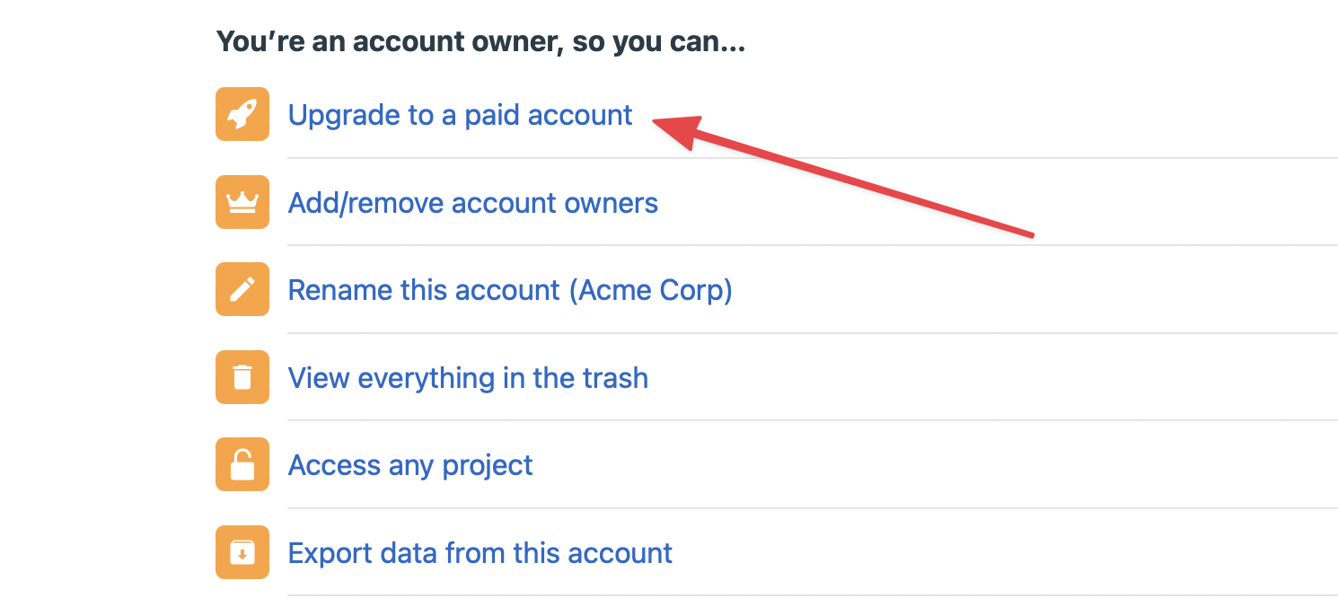 Screenshot of the Adminland page with an arrow pointing at the "Upgrade to a paid account" button